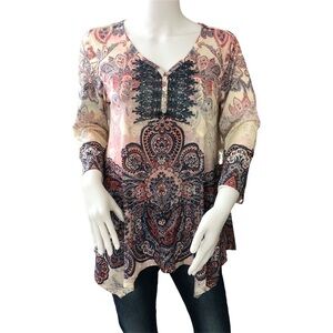 ONE WORLD Live & Let Live Top Medium Floral Embellished Festival Fairy Paisley‎